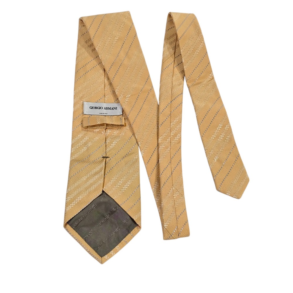 Giorgio Armani Mens Necktie Yellow‎ Silver Striped Embroidered Classic Designer